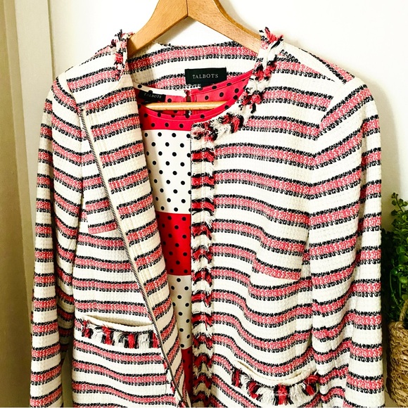 Talbots Tweed Stripe Blazer Cranberry and Cream Size 10 EUC - Picture 10 of 12